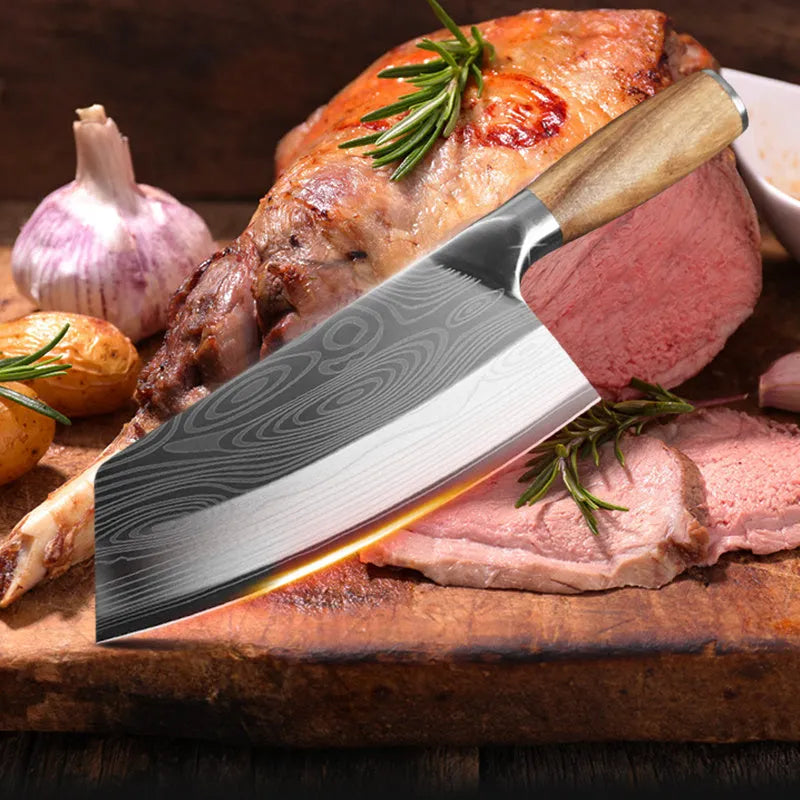 Stainless steel kitchen knife with a 320mm blade forged from 40cr13 steel.