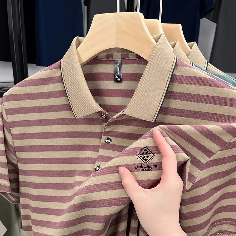 Men's striped casual short sleeve shirt with mosaic pattern detail in red, blue, or green colour options.