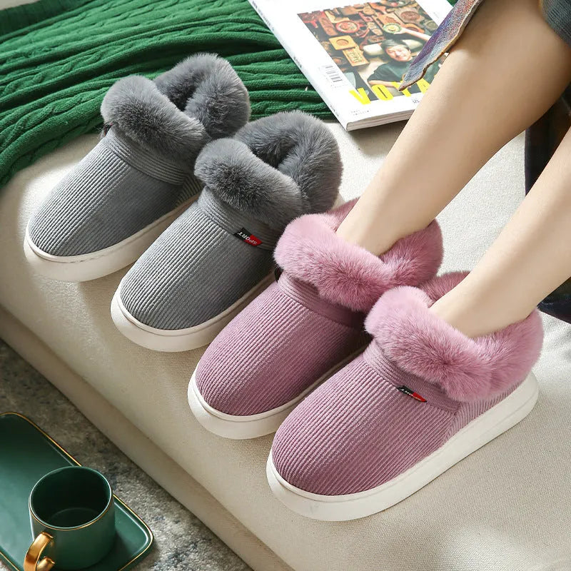 Winter plush corduroy house slippers for men and women with warm fleece lining in coffee colour