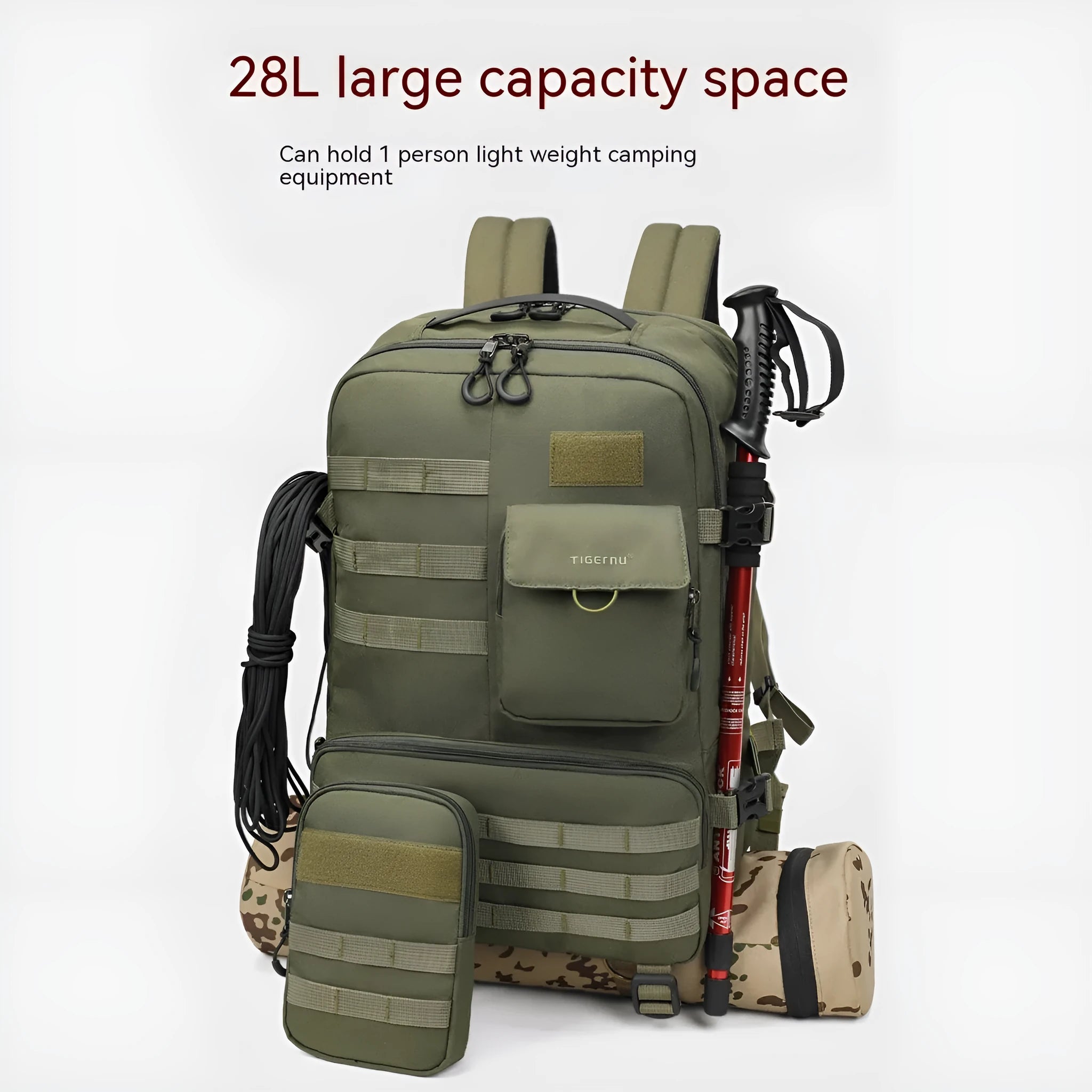 Army Green 17-inch tactical backpack with 20-35 litre capacity for outdoor use