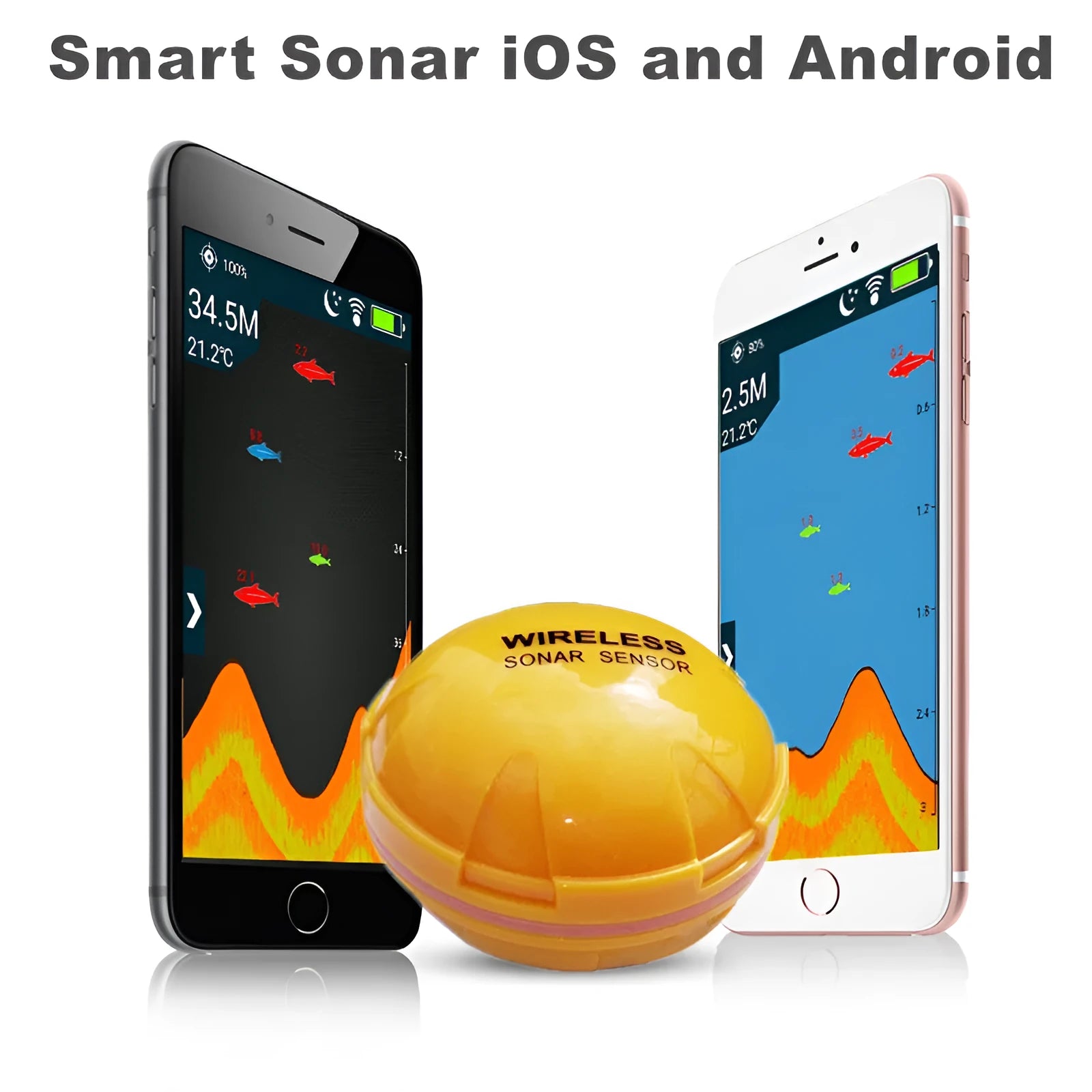 Yellow wireless sonar fish finder floating on water, 68x68x50cm, 125kHz, 36m depth range