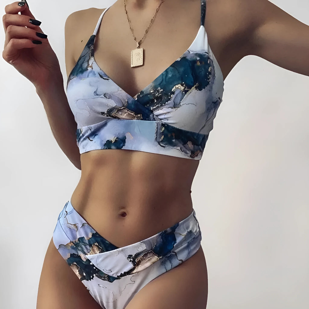 Women's marble tie-dye high waist bikini with U-neck top in blue colour variation