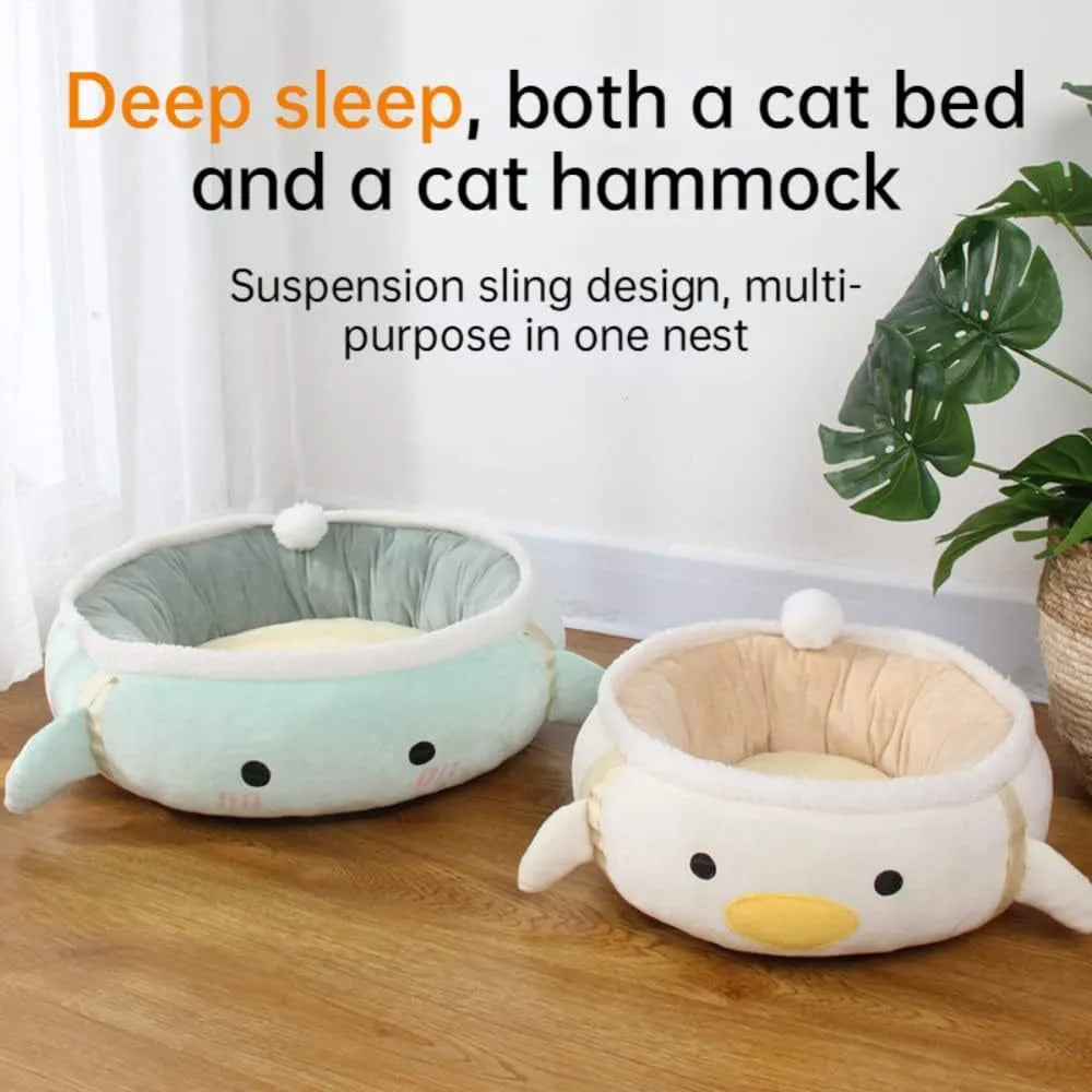 Green chick dinosaur shaped cat bed that converts to hammock with straps