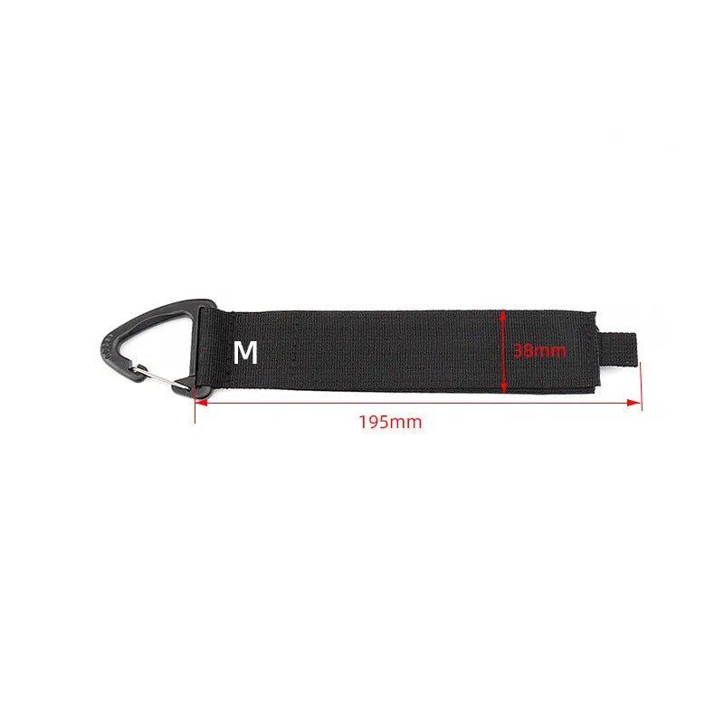 Black climbing button carabiner storage strap showing three size options for garage and outdoor organisation