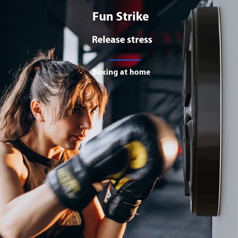 Black leather and PP intelligent music boxing machine wall target with gloves for home training.