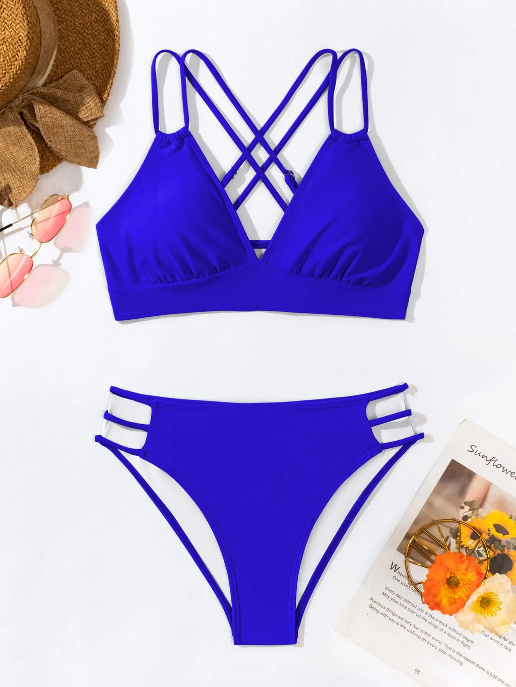 Women's black V-neck halter bikini swimsuit with matching shorts on a mannequin
