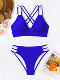 Women's black V-neck halter bikini swimsuit with matching shorts on a mannequin