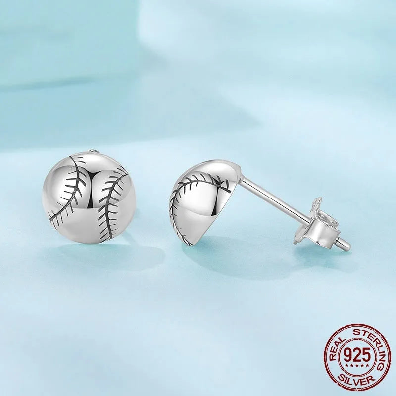 S925 sterling silver baseball stud earrings with polished finish on a plain background