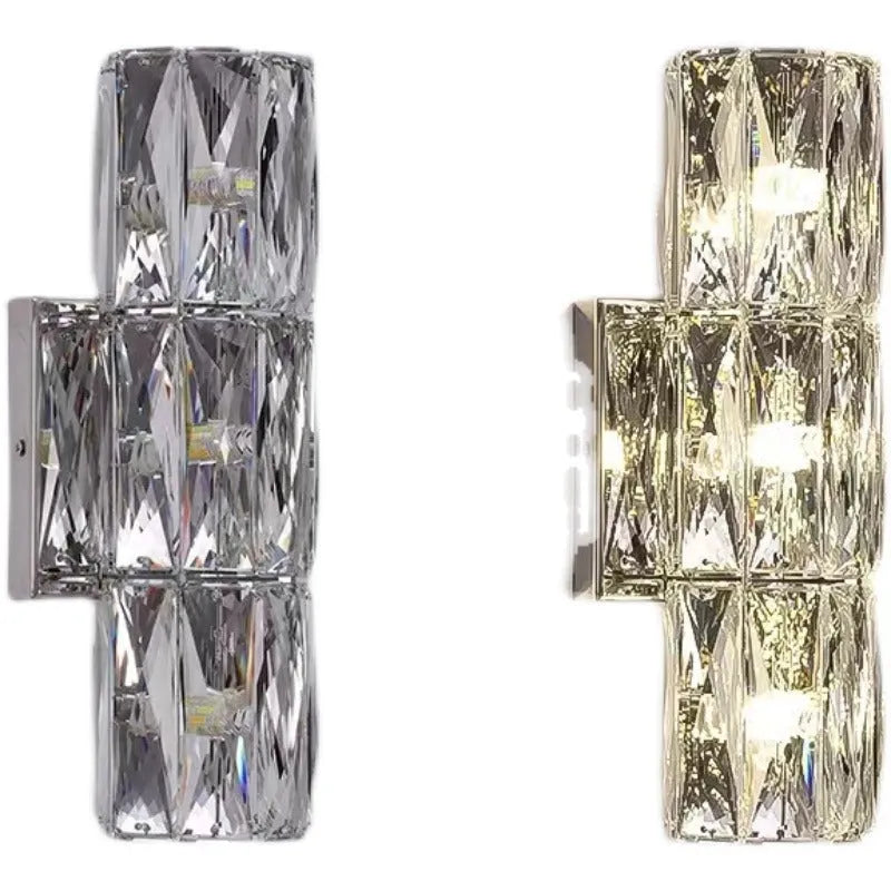 Crystal wall lamp with stainless steel base in chrome or gold finish, LED tricolour lighting, multiple size options