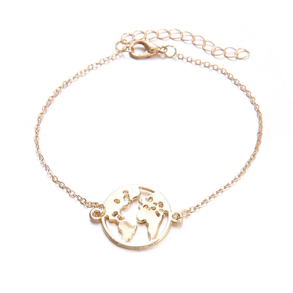 Three bohemian-style bracelets with heart-shaped aircraft map charms in electroplated alloy