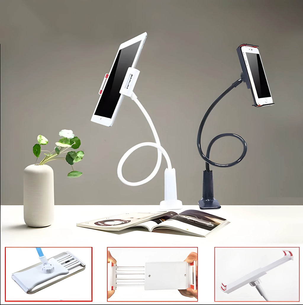 Black bedside phone holder with a long metal arm and adjustable plastic head gripping a mobile phone.