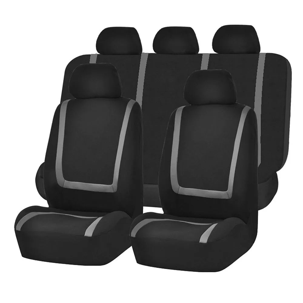 Universal four seasons car seat cover set in beige and black fabric installed on car seats.
