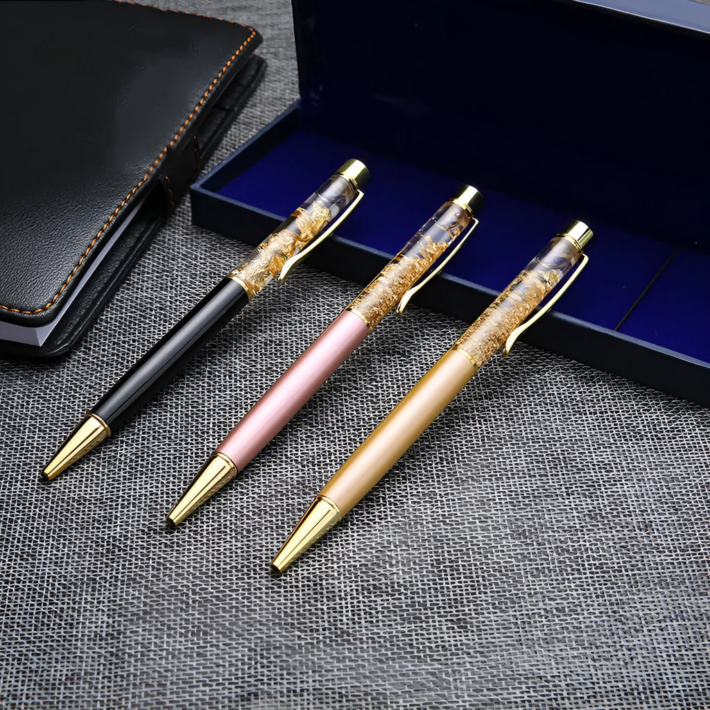Gold foil metal ballpoint pen 13.8cm retractable fine point black gold pink