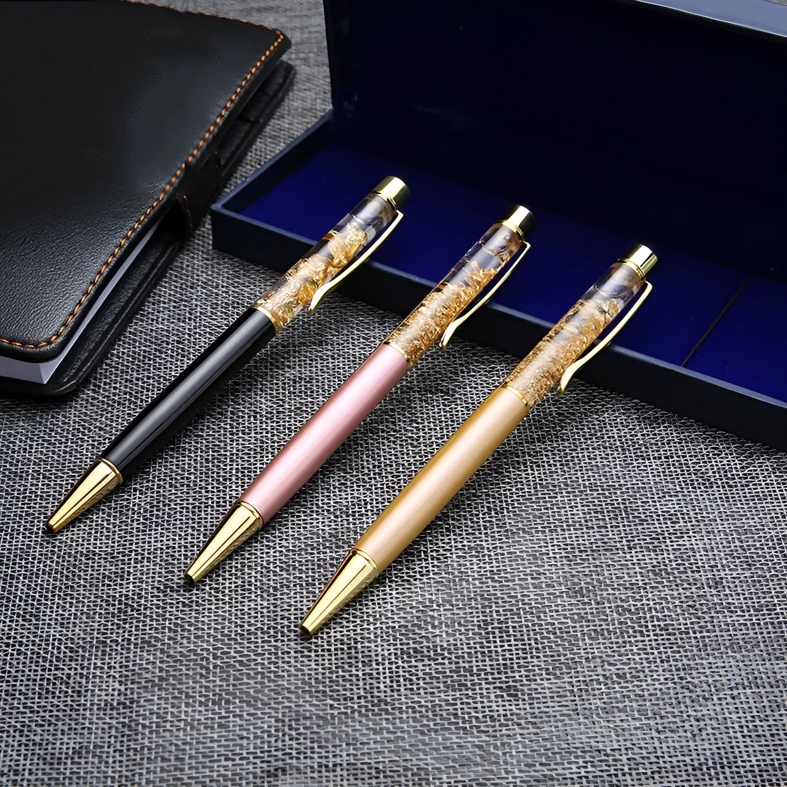 Gold foil metal ballpoint pen 13.8cm retractable fine point black gold pink