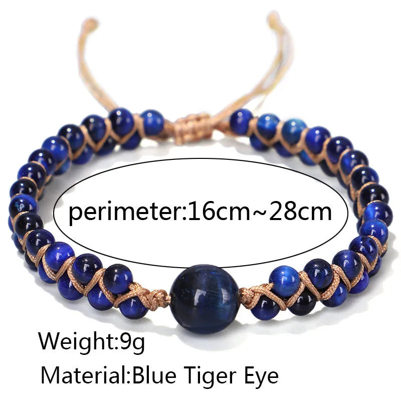Handmade woven geometric pull bracelet with stone beads in blue tigereye or amethyst colours