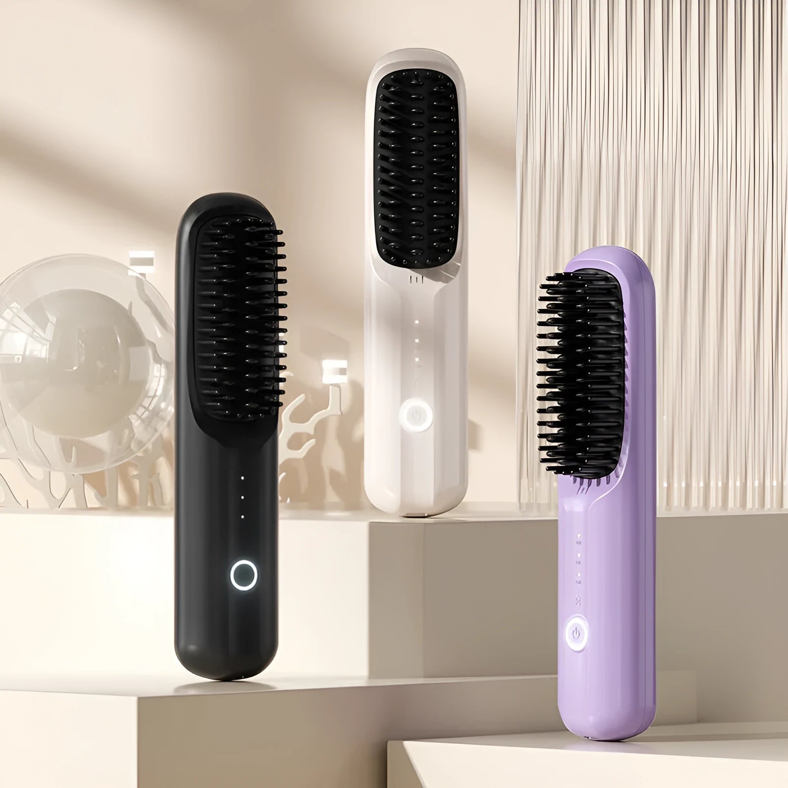 Wireless anion hair straightening comb in beige, pink, purple, or black colours.