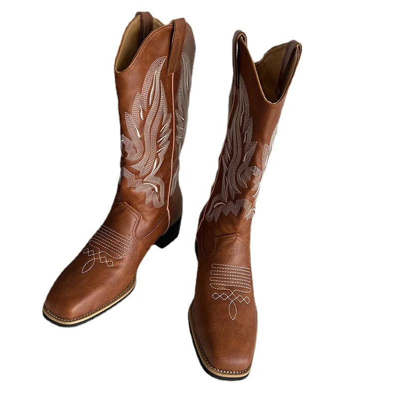 Brown women's embroidered Martin boots with mid-calf height, leather lining and square heel