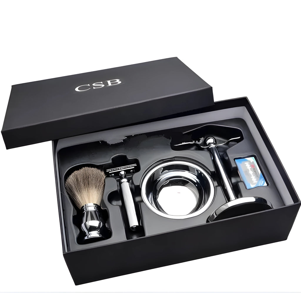 CSB men's shaving set featuring a chrome double edge razor, badger hair brush, stand, soap bowl, and blades.