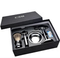 CSB men's shaving set featuring a chrome double edge razor, badger hair brush, stand, soap bowl, and blades.