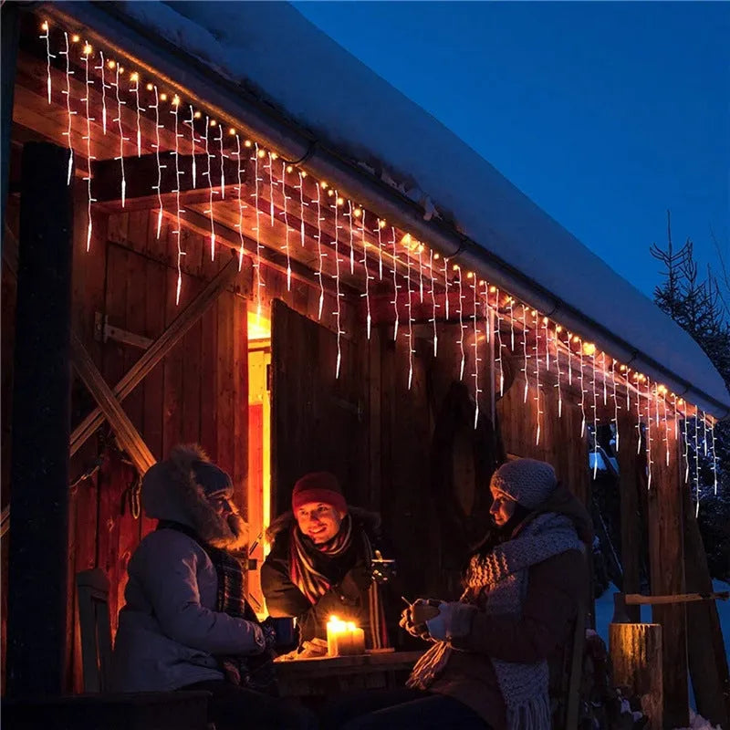 Icicle light bar with 96 LED lamp beads on a 3.5m string, showing 8 lighting modes for outdoor party decor