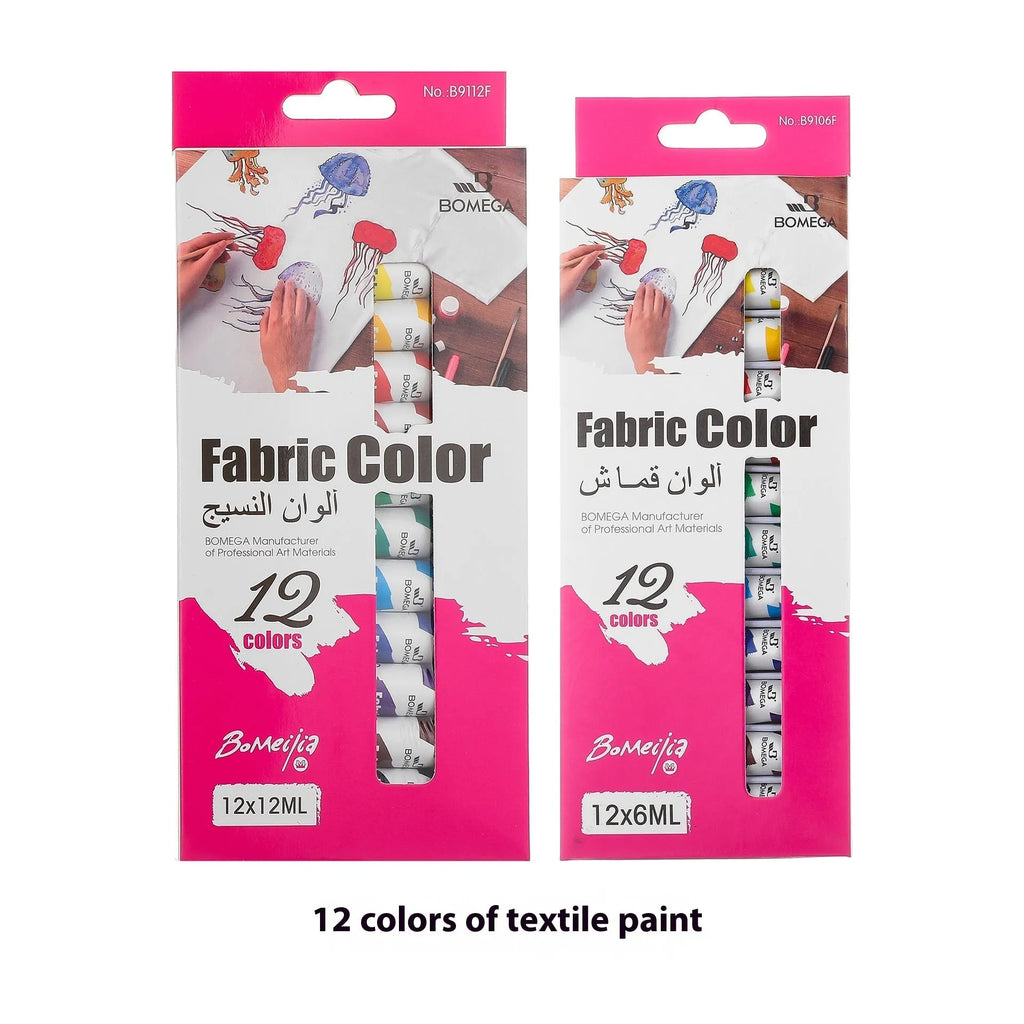 Set of artist paint tubes in acrylic, gouache, watercolour, and oil paints, showing 12 colour options per medium.