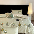 Christmas tree embroidered cotton duvet cover set with pillowcases in cream blue colour