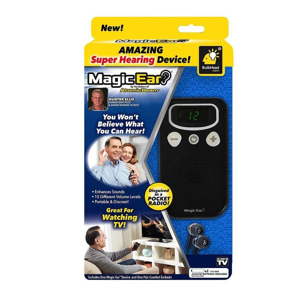 Digital hearing amplifier device with background noise reduction in brilliant colour ABS plastic housing