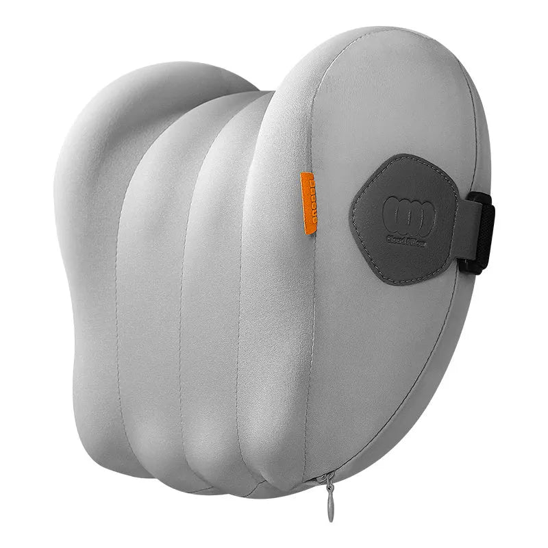 Grey and orange head restraint and waist pillow set for suspension bin car driver comfort