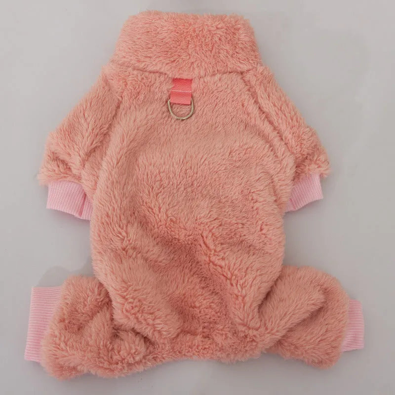 Khaki four-legged dog clothes with high collar and towing ring made of double-sided plush fabric