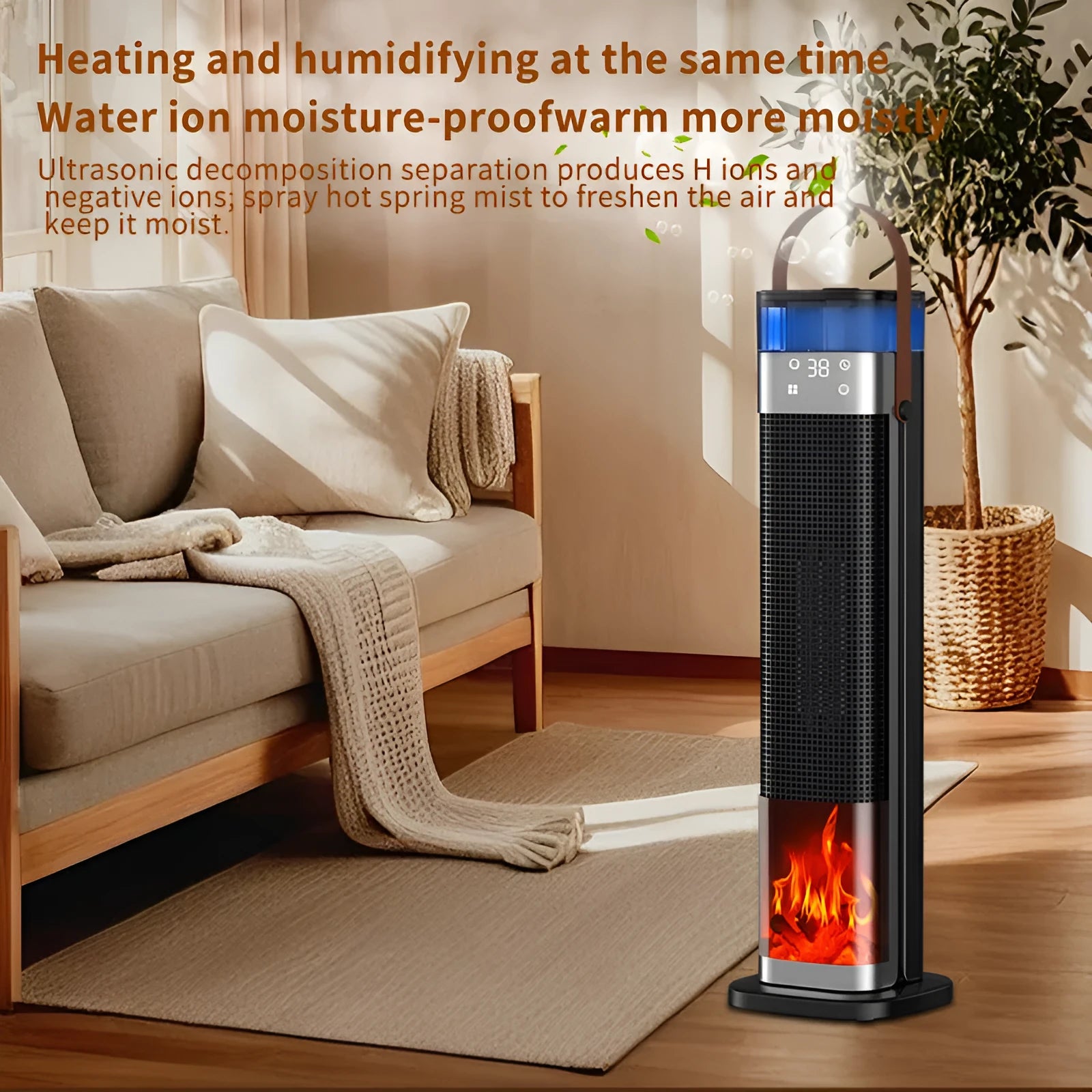 Tall vertical ceramic heater with remote control for humidifying function, 52.6cm height for 21-30m² rooms