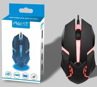 Wired USB gaming mouse with colourful breathing light, black four-button design, and 1.2 metre cable