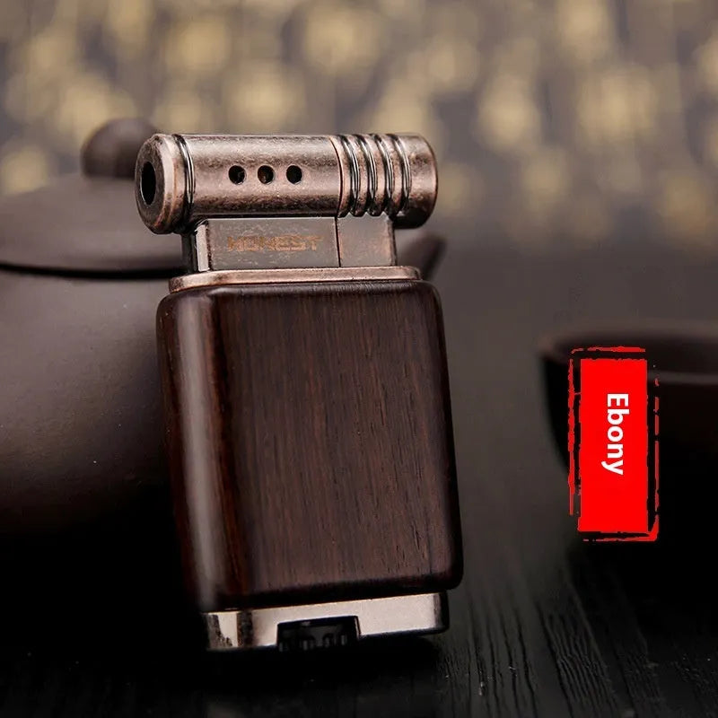 Ebony gas lighter with metal construction and decorative wood finish options