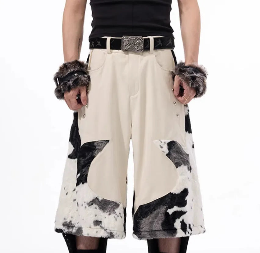 Milk fibre blend cropped trousers with fur stitching in a fashionable city style, showing personalised checkered and striped pattern options.