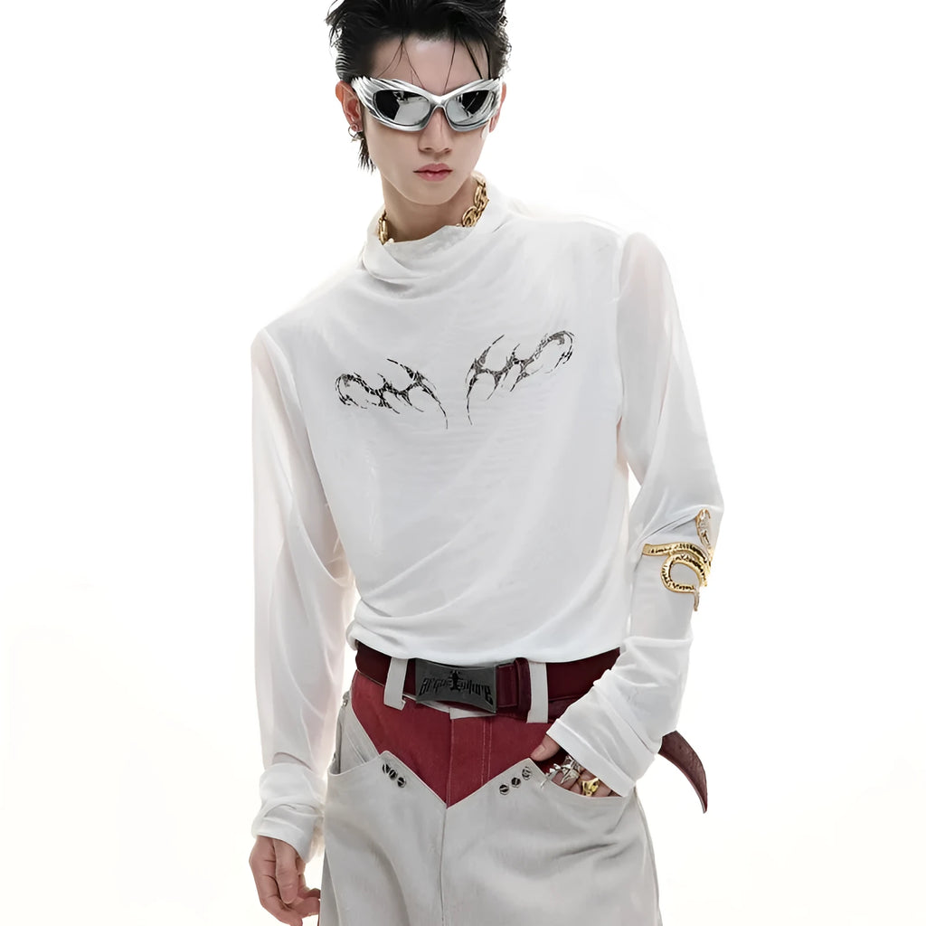 Black mesh slim-fit long sleeve base layer shirt laid flat, showing its texture and cut.