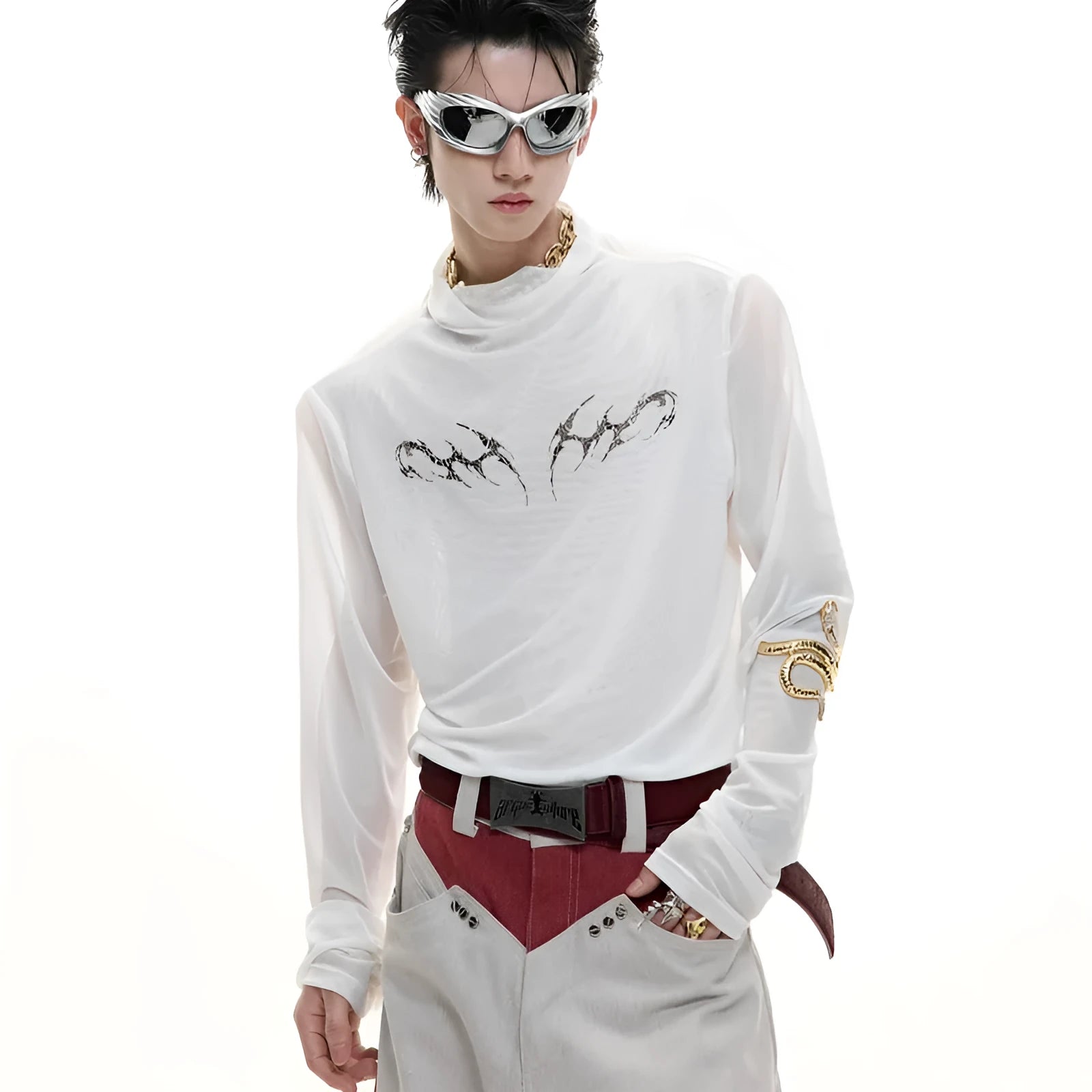 Black mesh slim-fit long sleeve base layer shirt laid flat, showing its texture and cut.