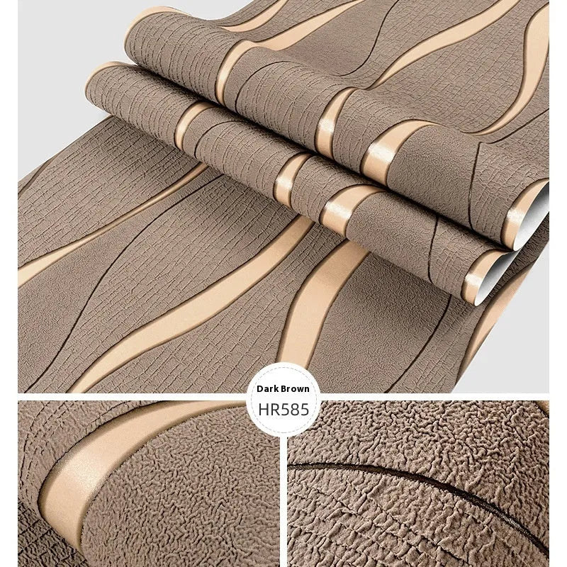 Curve stripe 3D wallpaper roll with deerskin velvet texture in dark brown and light grey colours