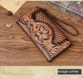 Women's Chinese-style embossed leather tri-fold wallet in retro brown with floral pattern detailing