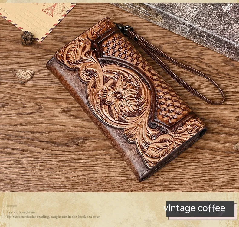 Women's Chinese-style embossed leather tri-fold wallet in retro brown with floral pattern detailing