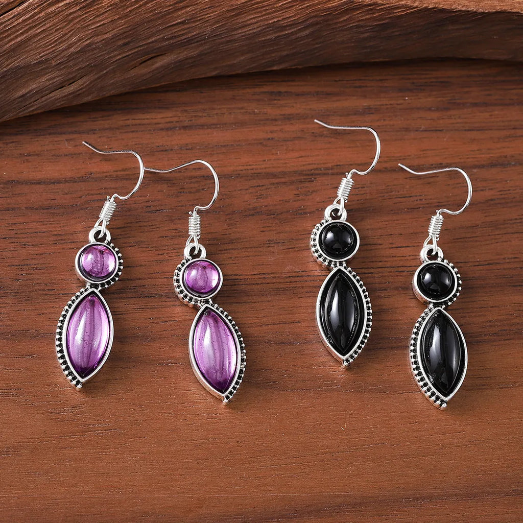 Vintage geometric earrings with black and purple colour pairing, zinc alloy construction with electroplated finish