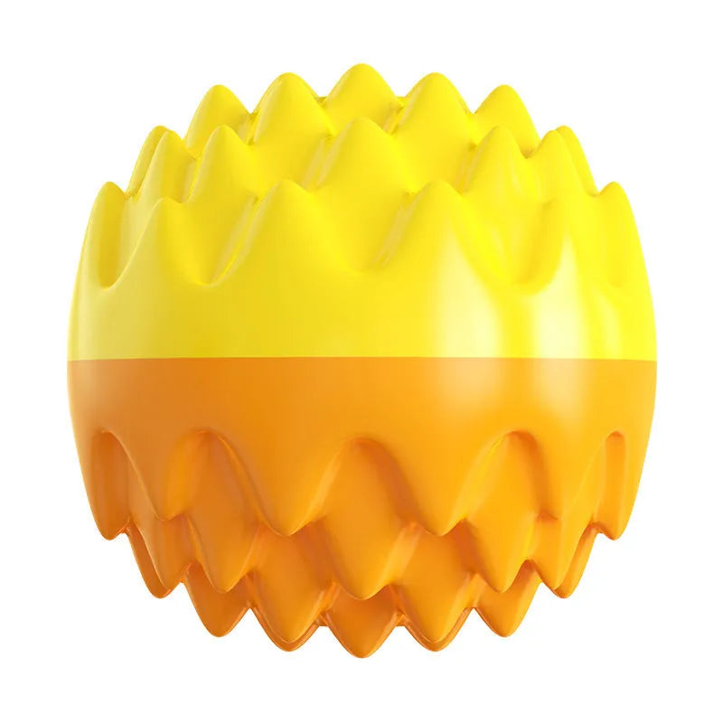 Blue and orange squeaky dog ball toy with spiky texture for teeth cleaning and floating capability