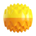 Blue and orange squeaky dog ball toy with spiky texture for teeth cleaning and floating capability
