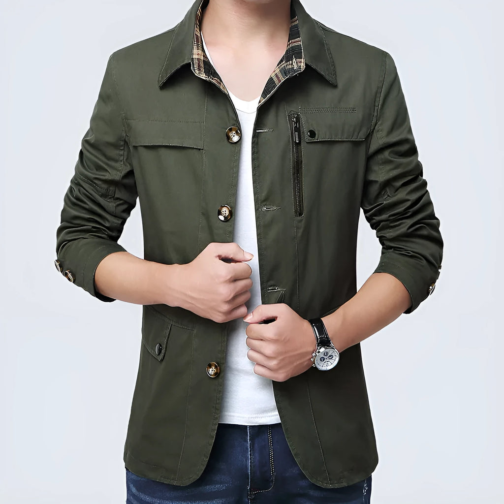 Men's slim thin cotton jacket in Army Green with concealed pockets, 95% cotton, Asian sizing