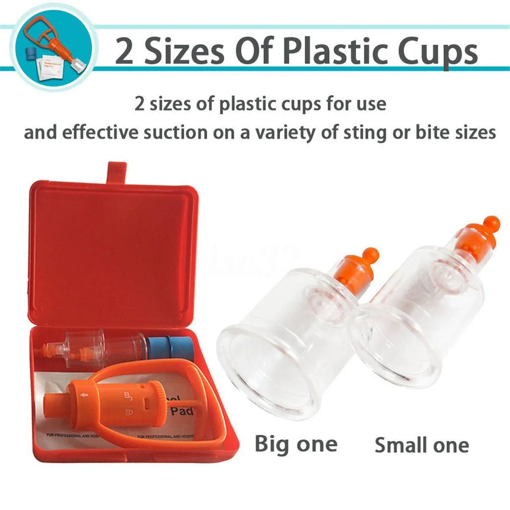 Orange venom extraction suction device with storage box, suction pump, two suction cups, and first aid accessories for outdoor emergencies