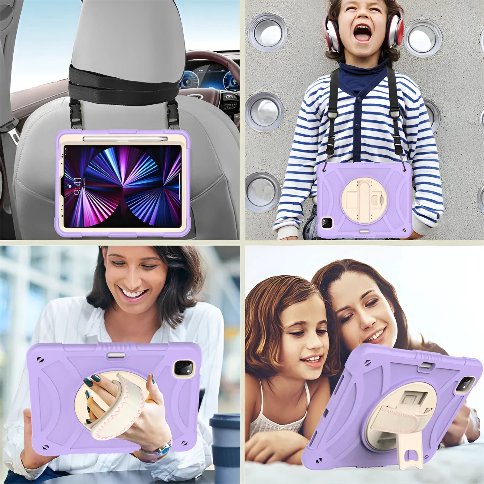 iPad silicone protective case with a rotating bracket strap in rose gold colour