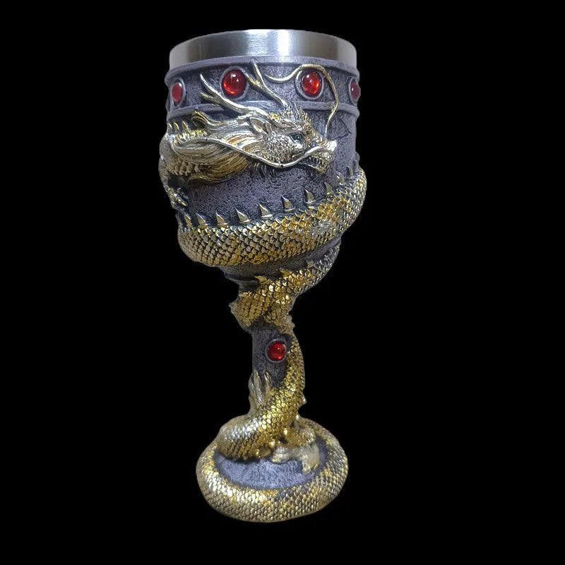 Stainless steel red wine glass with 3D Chinese dragon decoration in retro style