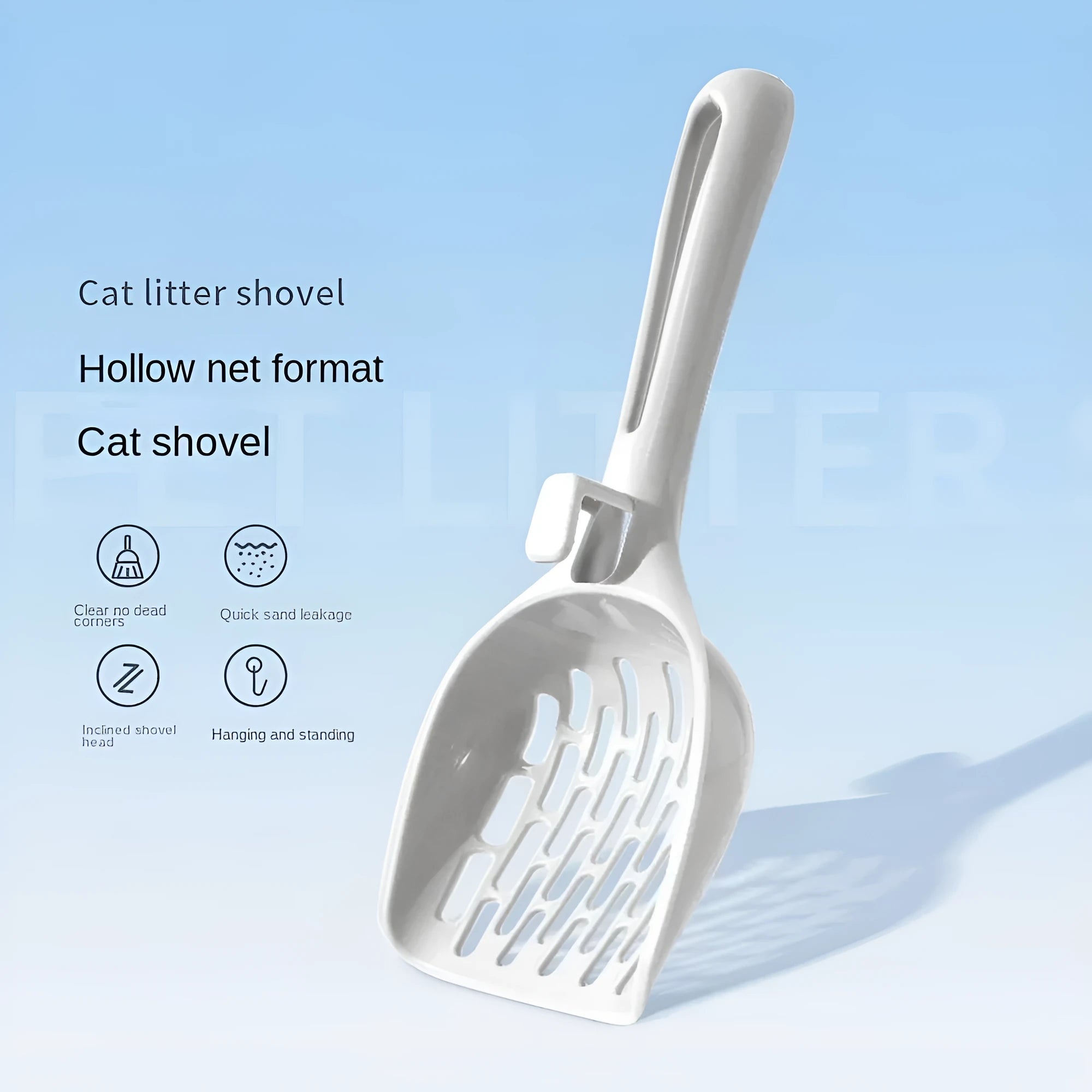 Grey plastic cat litter scoop with integrated base tray for waste containment during cleaning