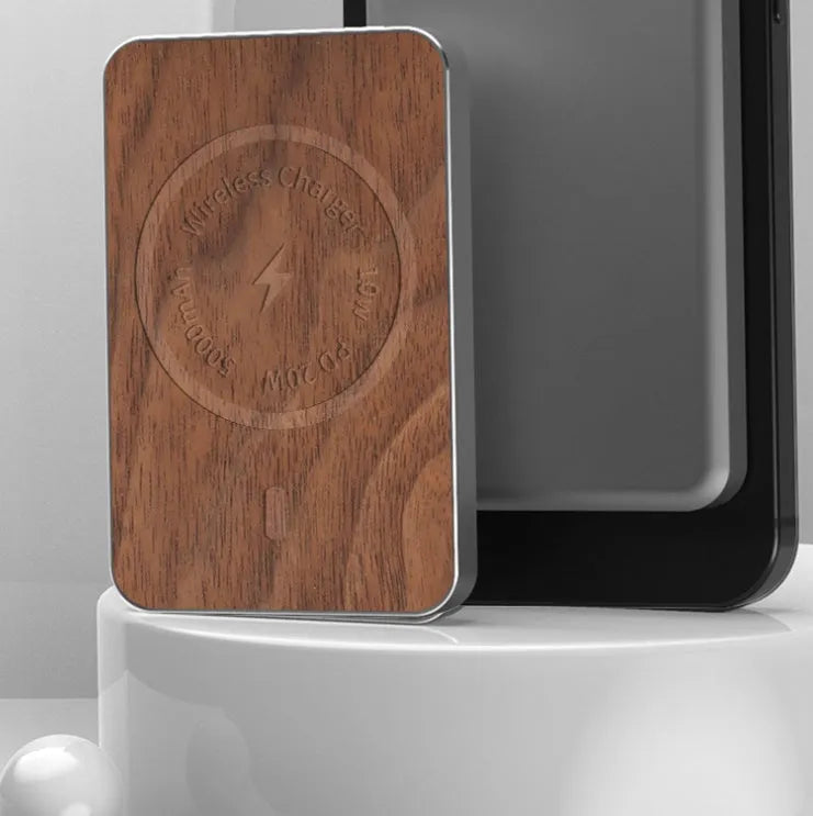 Khaki magnetic wireless charging bank with 5000mAh polymer battery and alloy case