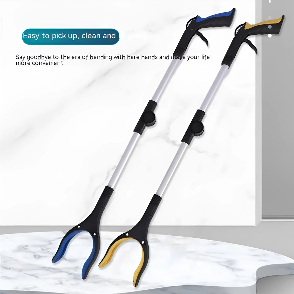Foldable aluminium rubbish pick-up claw with blue handle, shown extended and with magnet sucker.