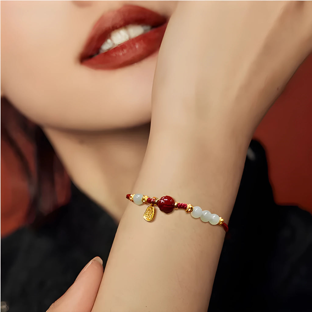 925 silver women's bracelet with Hetian jade, cinnabar red rope and adjustable chain
