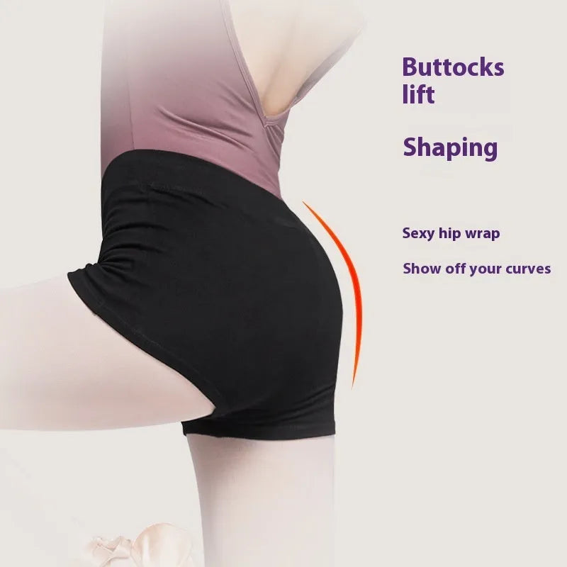 Black cotton women's dance shorts for ballet practice and fitness exercise.